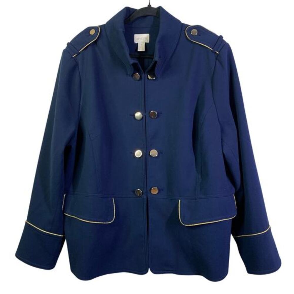 CHICO'S Blazer Military Sargent‎ Pepper Hidden Hook Eye Closure Gold Piping Trim